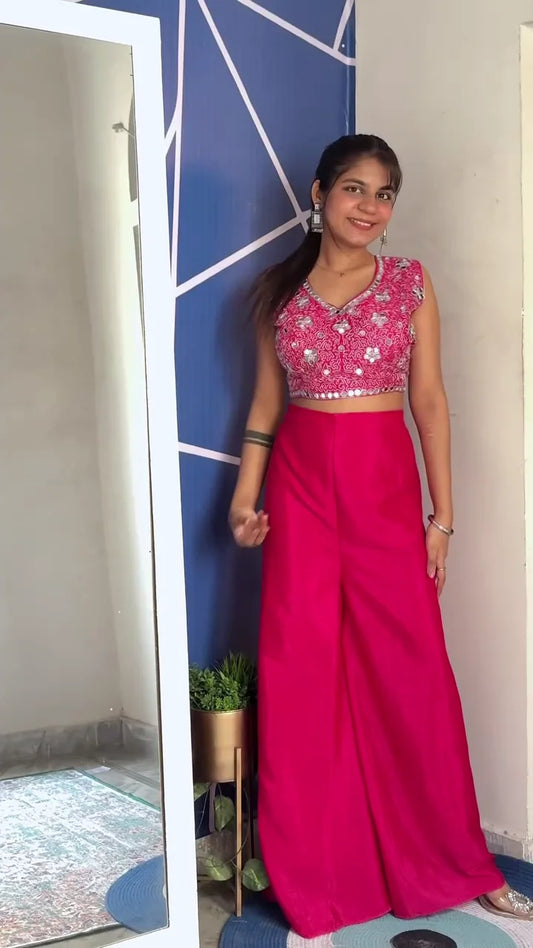 Trendy Pink Crop Top with Silver Embroidery Paired with Matching Wide-Leg Palazzo Pants – Stylish Fusion Wear for Festive, Party and Special Occasions