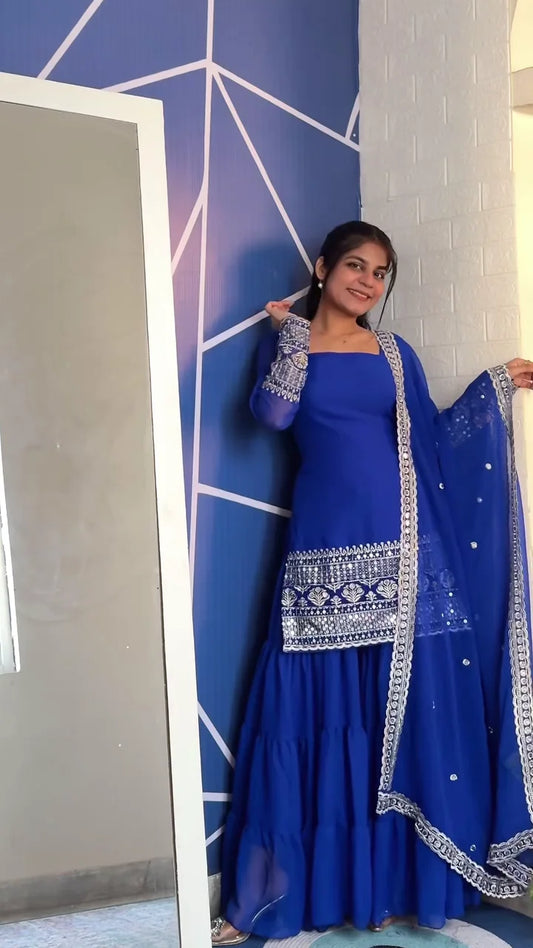 Elegant Royal Blue Embroidered Kurti with Flared Layered Skirt and Matching Dupatta – Perfect Festive and Party Wear Set