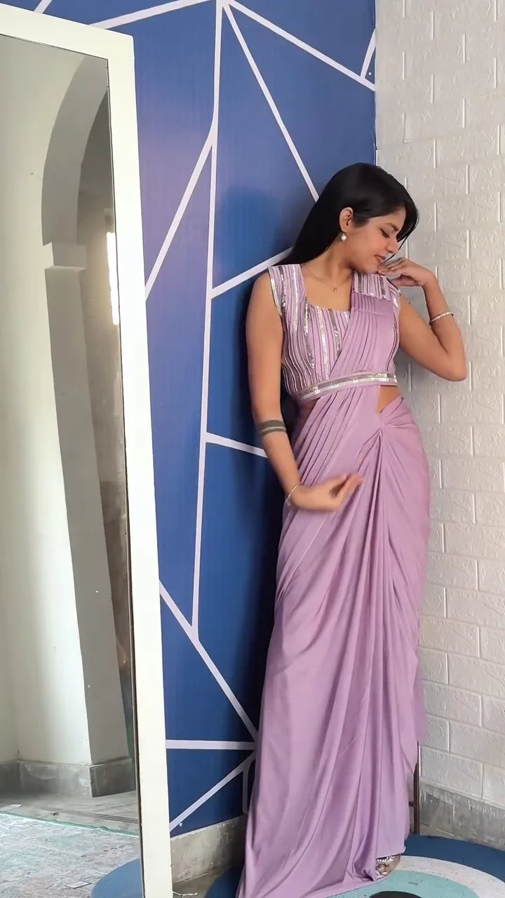 Trendy Lavender Pre-Draped Saree with Stylish Striped Sequin Blouse – Elegant Fusion Wear for Parties, Weddings and Festive Occasions