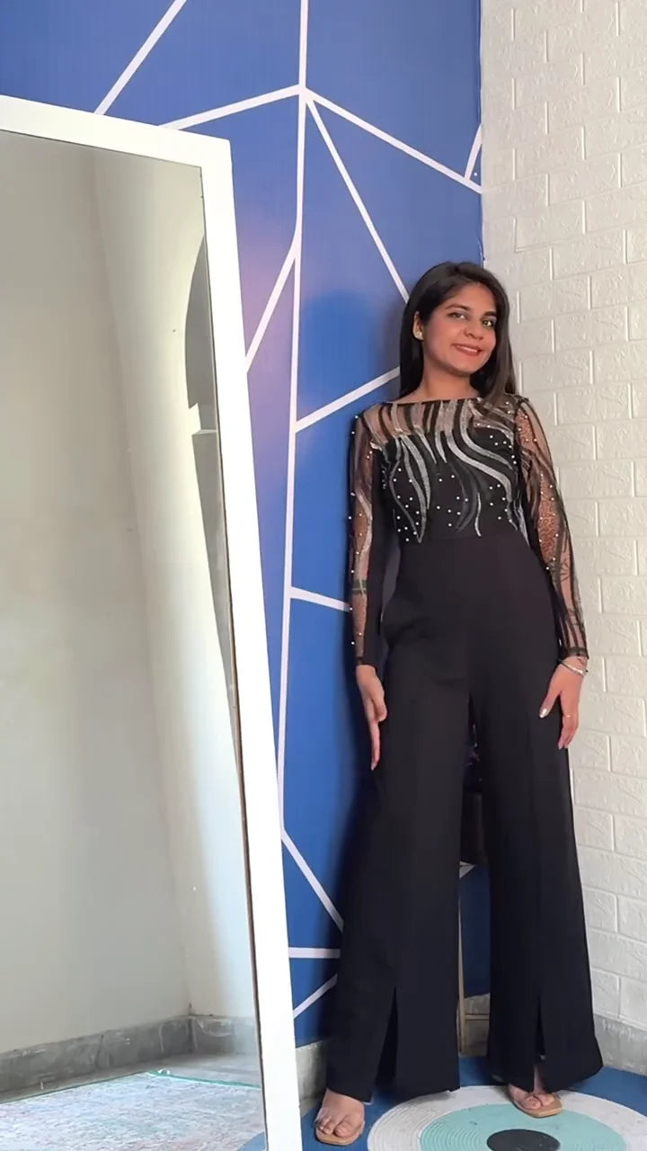 Stylish Black Designer Jumpsuit with Sheer Embellished Sleeves and Sequined Detailing – Perfect Party and Evening Wear Outfit