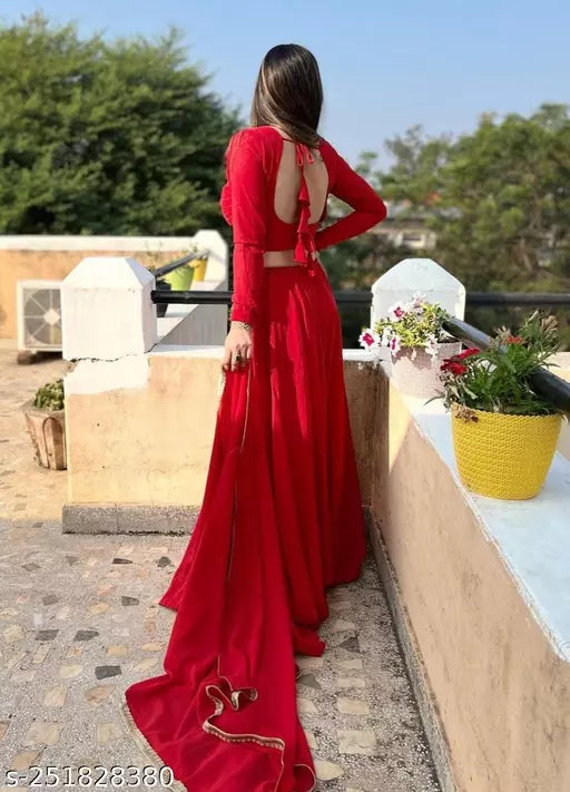 Attractive Red Georgette Lehenga Choli With Embroidery Work And Soft Net Dupatta For Women