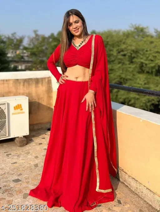 Attractive Red Georgette Lehenga Choli With Embroidery Work And Soft Net Dupatta For Women