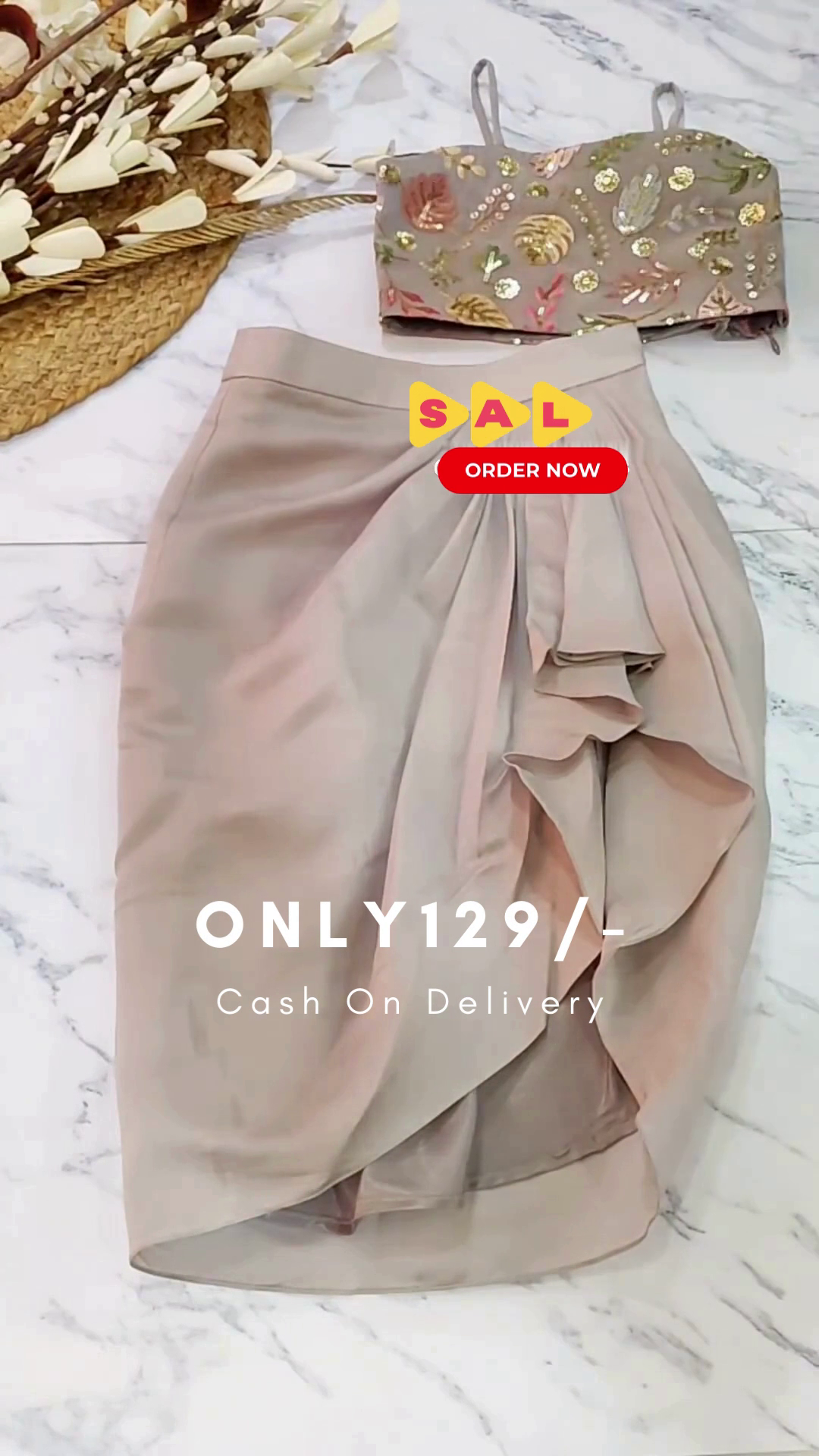 Asymmetrical Top And Skirt. Wrap Style With A Wide Slit On The Side