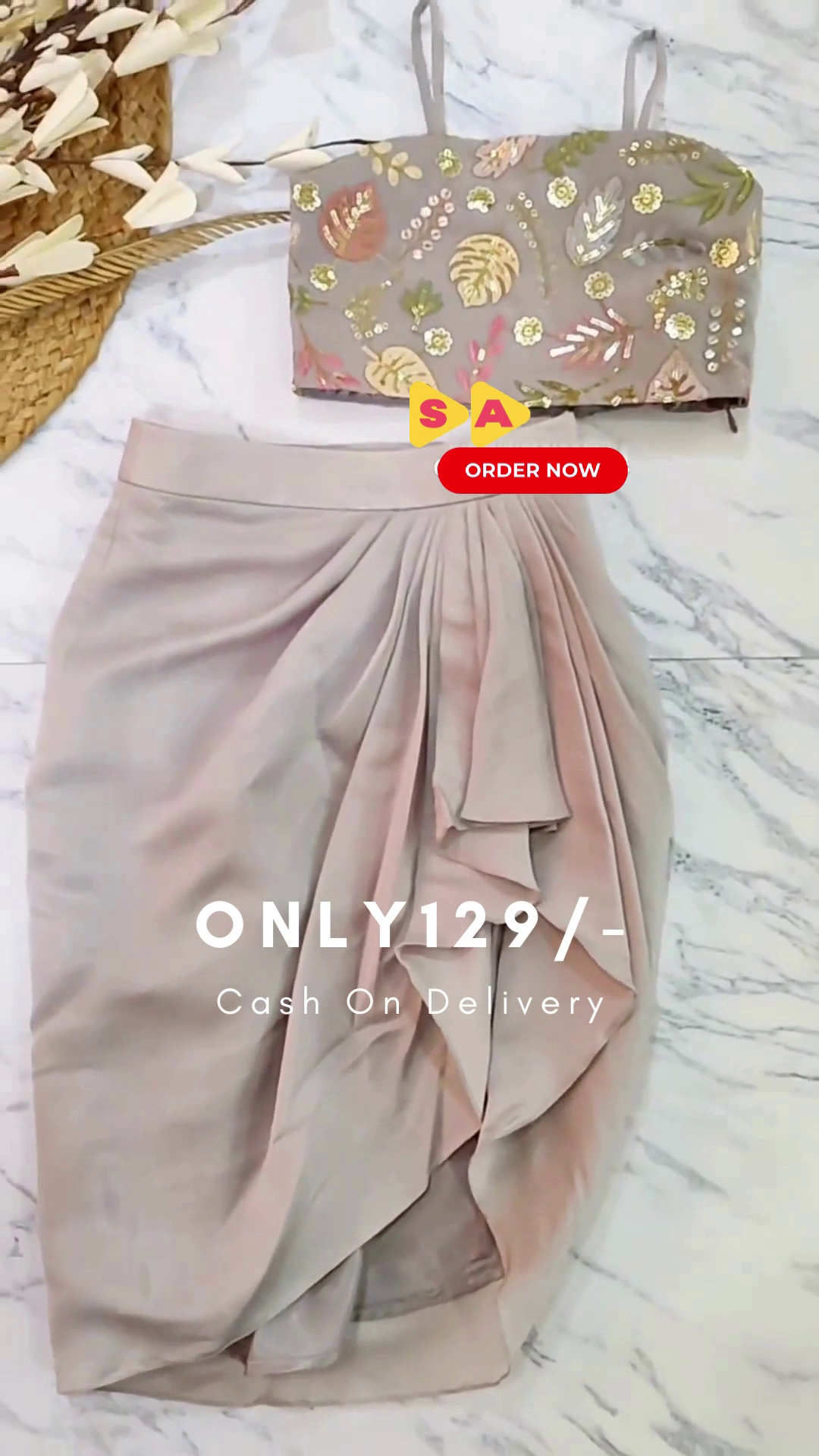 Asymmetrical Top And Skirt. Wrap Style With A Wide Slit On The Side