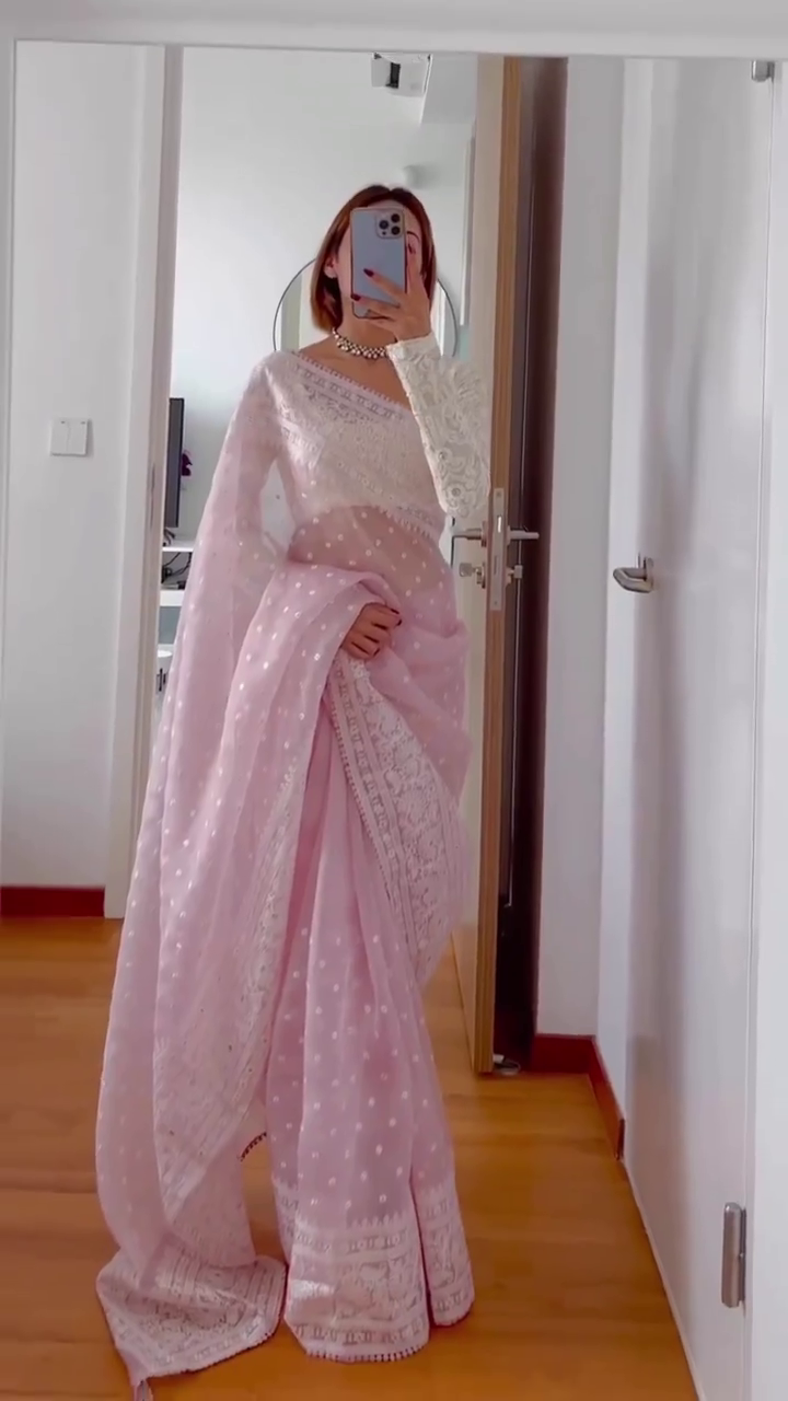 Party Special Light Pink Pure Organza Silk Embroidered Saree