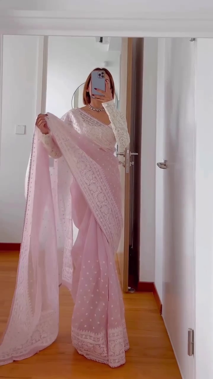 Party Special Light Pink Pure Organza Silk Embroidered Saree