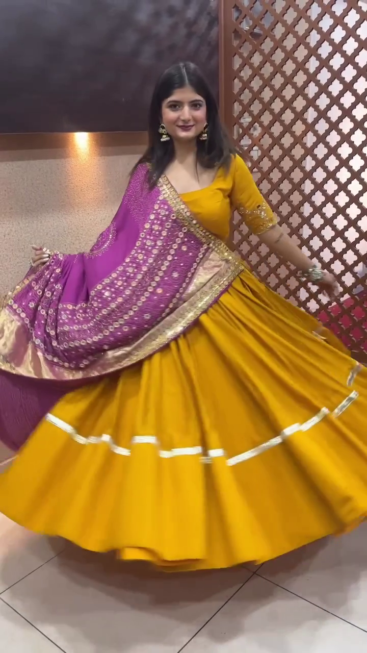 Mustard Color Dyeing With Lagdi Patta Gaji Silk Lehenga Choli