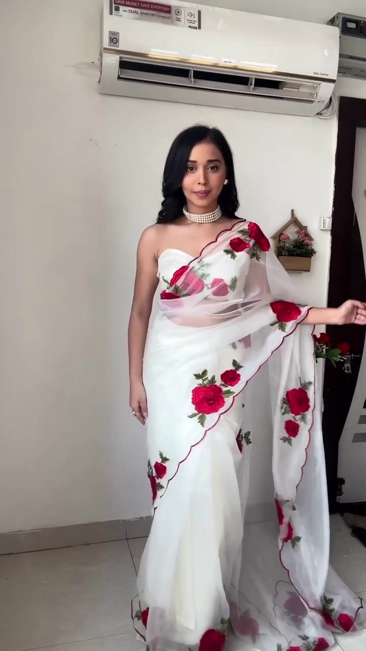 White Tibby Silk Rose Thread Work Ready To Wear Saree