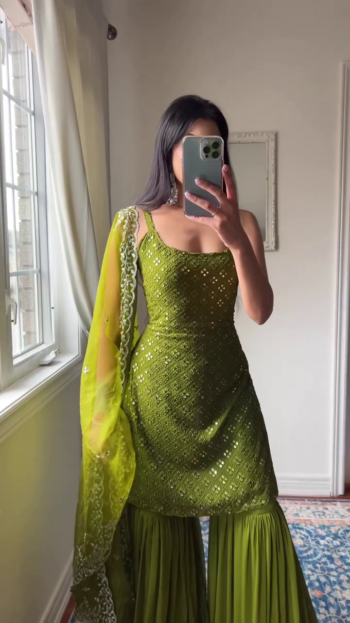 Green Kurti With Sharara And Dupatta Set For Women, Kurta And Kurti Set, Wedding Wear Sharara