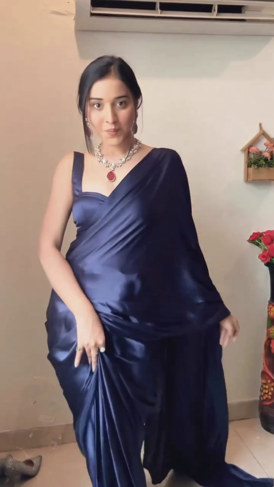 WearParty Wear Ultra Satin Nevy-Blue Color Saree With Saperat Un-Stiched Blouse Pice.