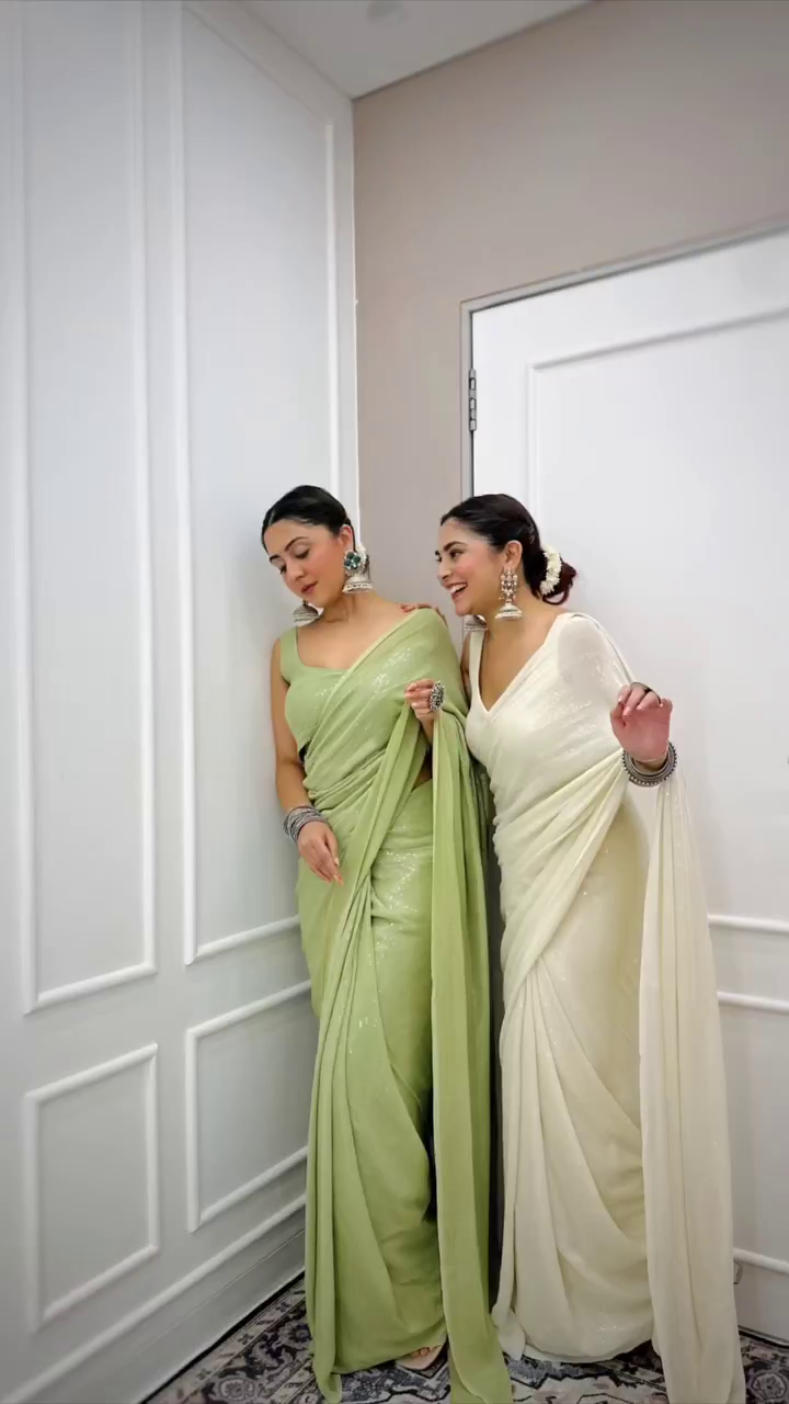 Smoke White And Green Sequin Saree