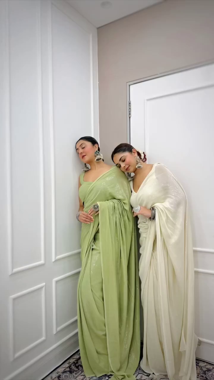 Smoke White And Green Sequin Saree