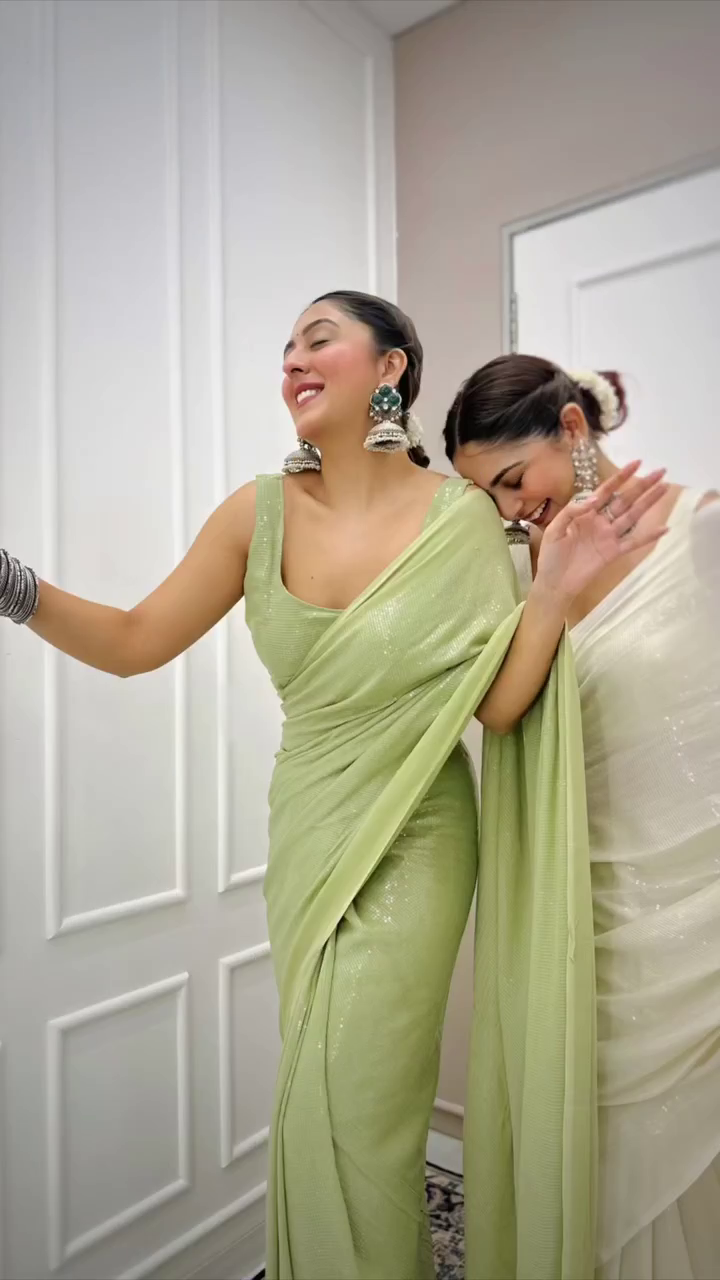 Smoke White And Green Sequin Saree