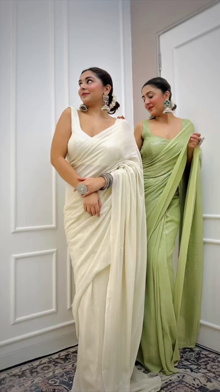 Smoke White And Green Sequin Saree