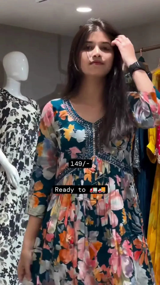 FLORAL PRINTED FLARED KURTA & DHOTI SET