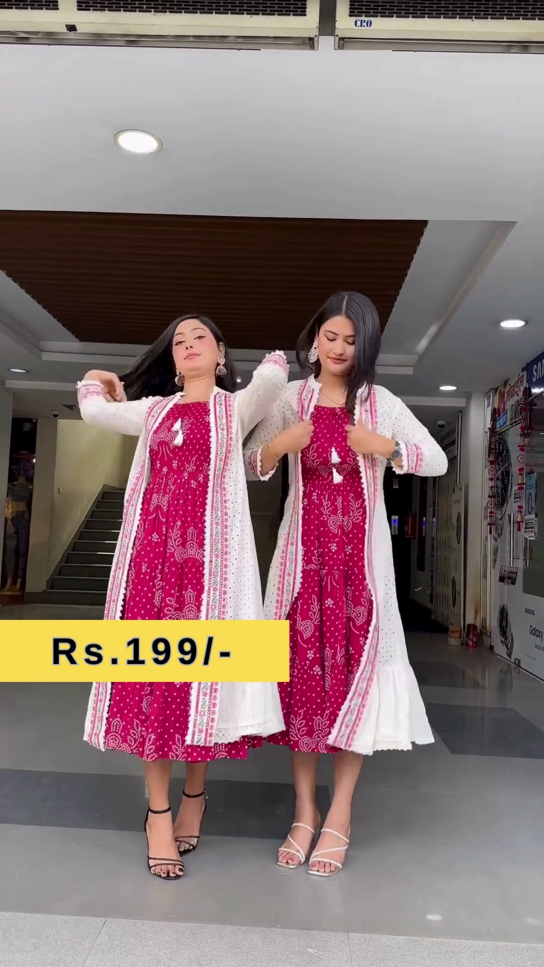 Red Rayon Floral Print Smoking Tiered Dress With Cotton Net Jacket