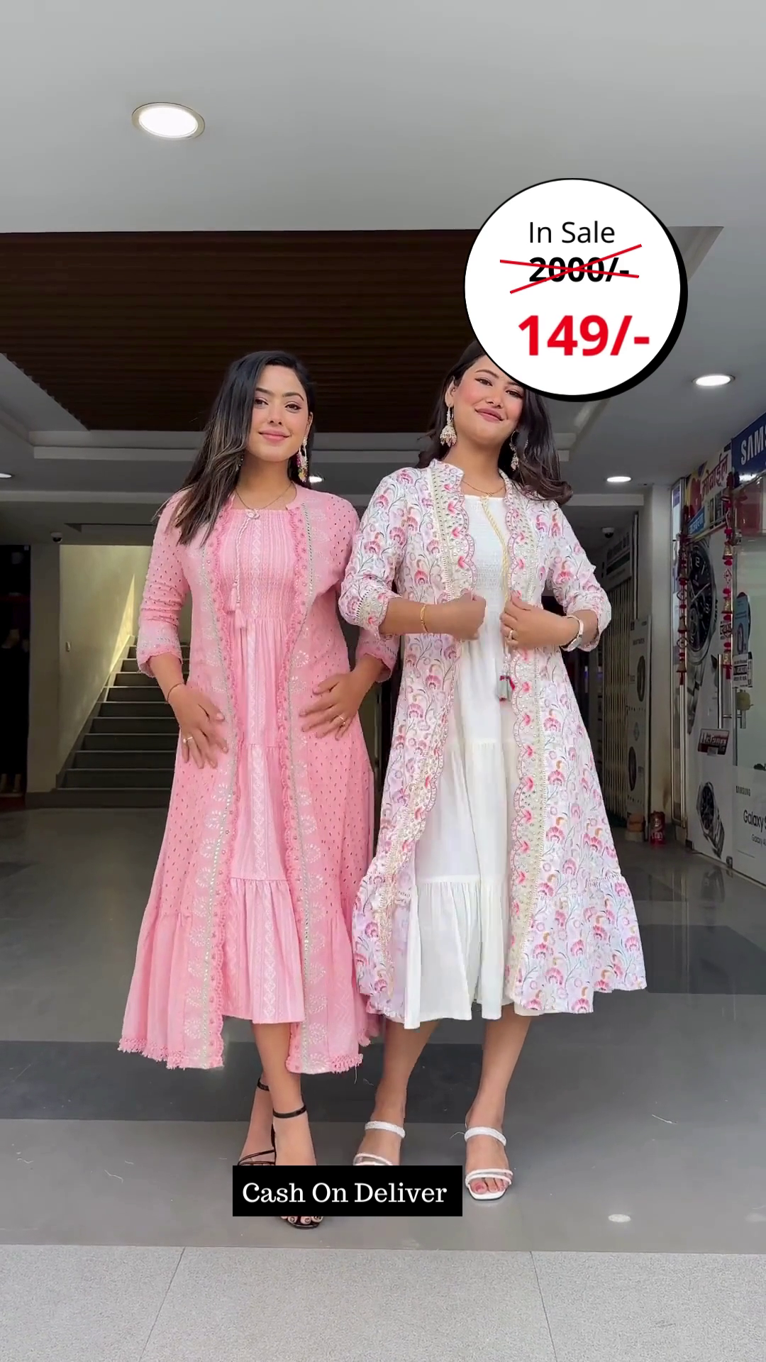 Embroidered Pink and White Embroidered Jacket With Smocked Maxi Dress