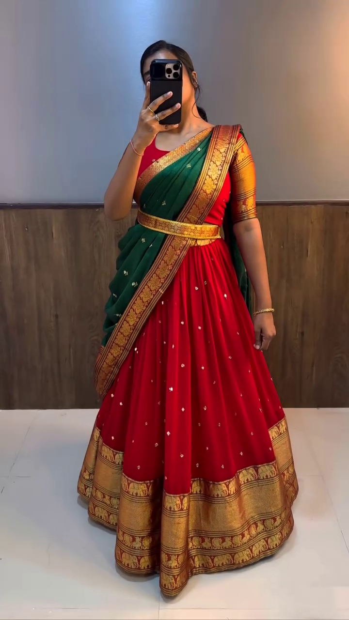 green Kanjiveram Silk Zari Lehanga With Blouse Along With Banarashi Silk Duppta(un stiched )