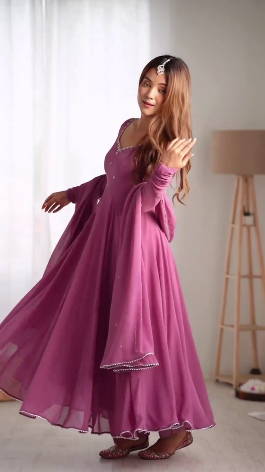 Plan Anarkali Long Churidar Embraided Sleeve Kurta With Dupatta Set |long Sleeve Kurta Set| |special Dress For Girls And Women| Party Wear Kurta Set| | Traditional Dress For Gils And Women |