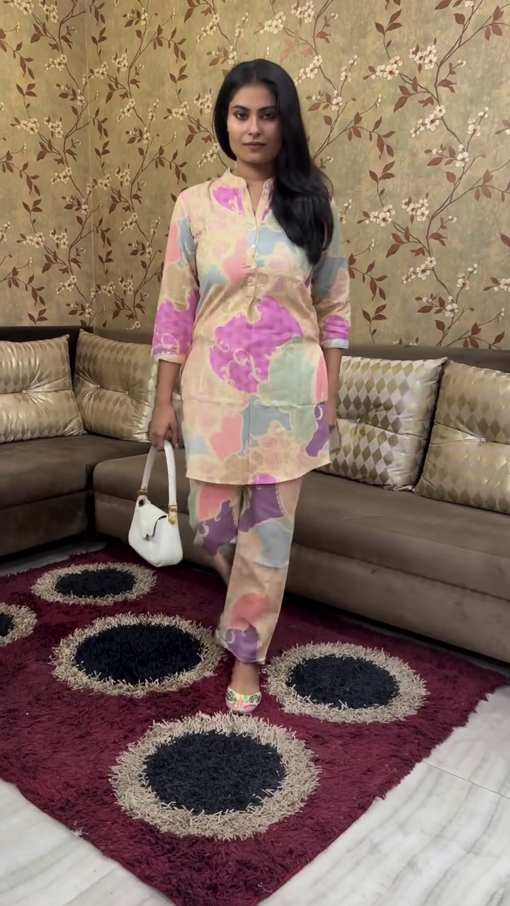 Multi-Color Pastel Abstract Printed Co-Ord Set Featuring a Short Mandarin-Collar Kurti with Three-Quarter Sleeves and Matching Straight Pants – Perfect for Casual Outings, Summer Brunches, and Everyday Chic Wear