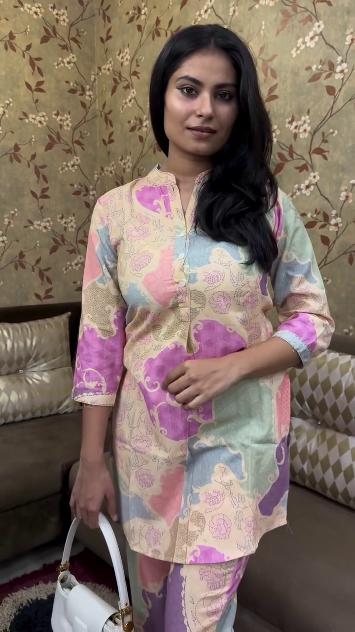 Multi-Color Pastel Abstract Printed Co-Ord Set Featuring a Short Mandarin-Collar Kurti with Three-Quarter Sleeves and Matching Straight Pants – Perfect for Casual Outings, Summer Brunches, and Everyday Chic Wear