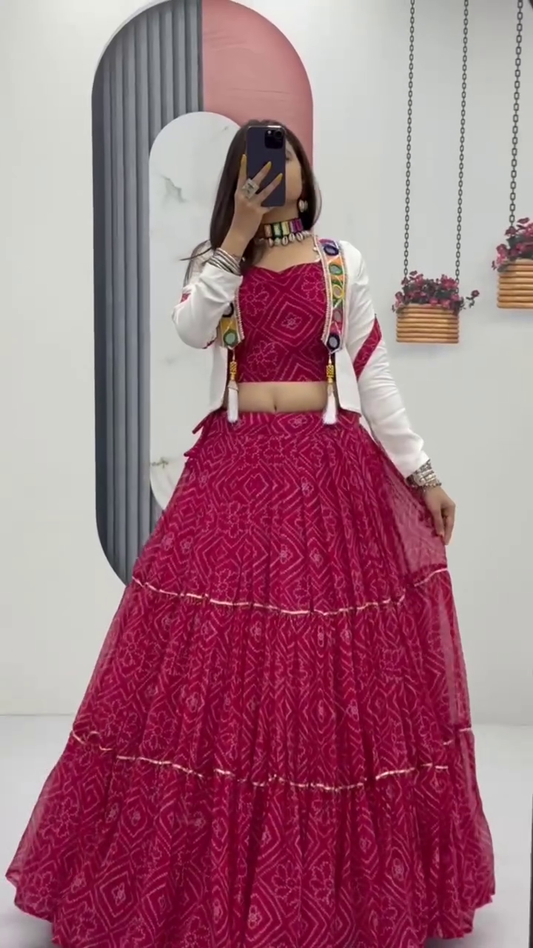 Traditional Bandhani Printed Flared Lehenga Choli Set with Matching Blouse and White Embroidered Jacket – Elegant Festive and Wedding Wear Ethnic Outfit for Women