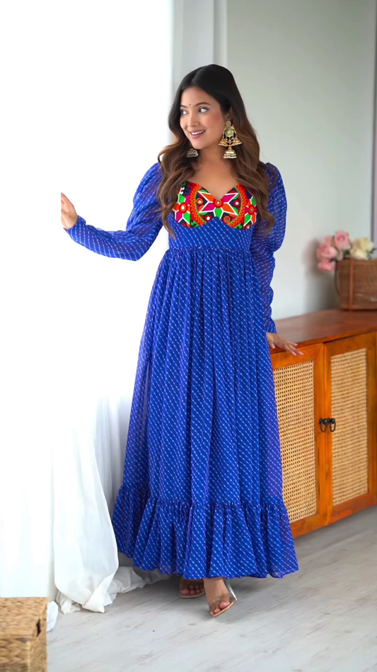 Royal Blue Bandhani Printed Long Anarkali Dress with Colorful Embroidered Neckline and Ruffled Hem – Elegant Ethnic and Festive Wear Outfit for Women