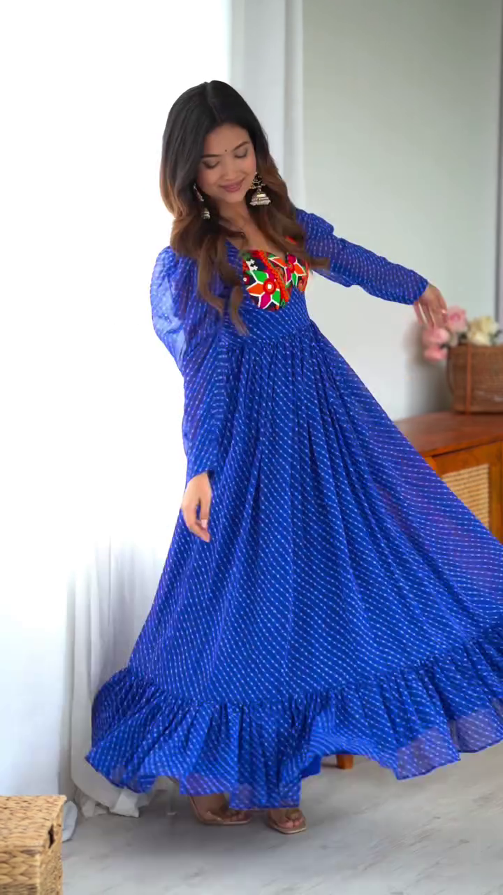 Royal Blue Bandhani Printed Long Anarkali Dress with Colorful Embroidered Neckline and Ruffled Hem – Elegant Ethnic and Festive Wear Outfit for Women