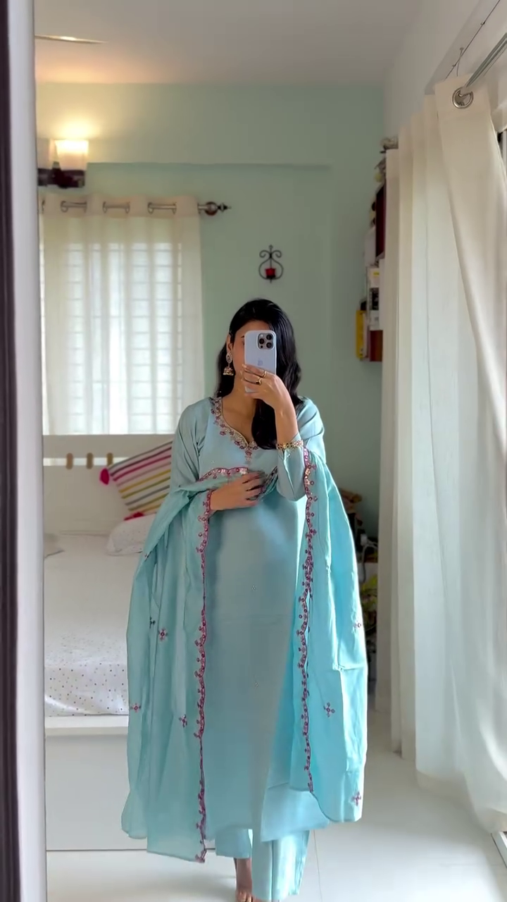 Pastel Blue and Pink Embroidered Straight Kurta Set with Matching Pants and Contrast Dupatta – Stylish Festive and Traditional Ethnic Wear Outfit for Women