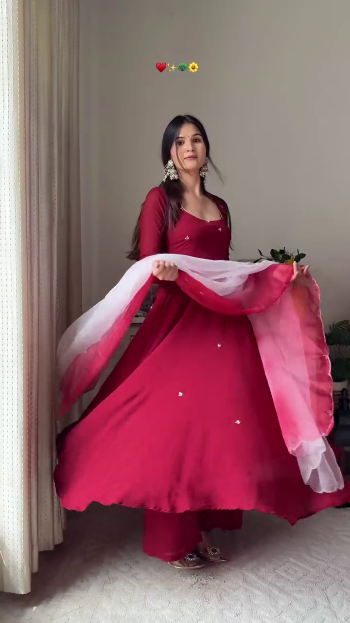 Ethnic Wear Collection for Women – Maroon Anarkali Gown with Ombre Dupatta, Yellow Floral Embroidered Kurta Set with Organza Dupatta, and Hot Pink Straight Kurta Pant Set with Matching Embroidered Dupatta
