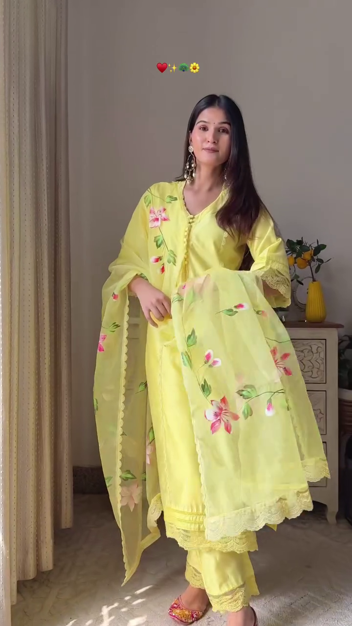 Ethnic Wear Collection for Women – Maroon Anarkali Gown with Ombre Dupatta, Yellow Floral Embroidered Kurta Set with Organza Dupatta, and Hot Pink Straight Kurta Pant Set with Matching Embroidered Dupatta