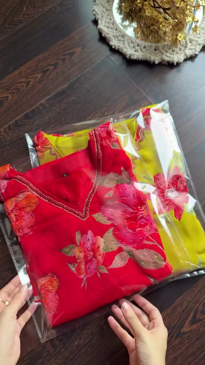 Floral Printed Embroidered Kurta Sets in Red and Yellow with Elegant Neck Detailing – Comfortable Daily Wear and Festive Ethnic Outfits for Women