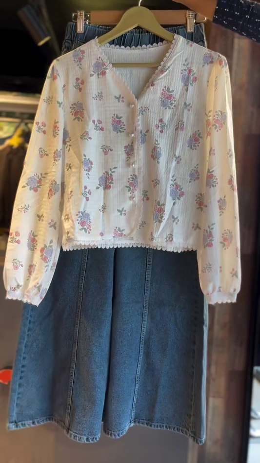 White Floral Printed Long Sleeve Button-Down Top with Lace Detailing Paired with High-Waist Blue Denim Flared Skirt – Casual and Chic Everyday Outfit for Women