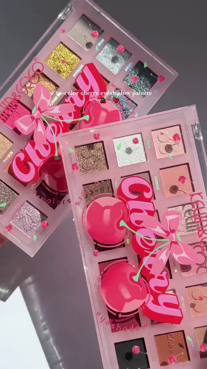 18-Color Cherry Eyeshadow Palette with Matte, Shimmer, and Glitter Shades in a Cute Pink Cherry-Themed Case for Bold and Everyday Eye Makeup Looks