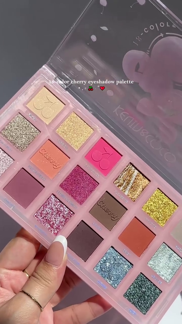 18-Color Cherry Eyeshadow Palette with Matte, Shimmer, and Glitter Shades in a Cute Pink Cherry-Themed Case for Bold and Everyday Eye Makeup Looks