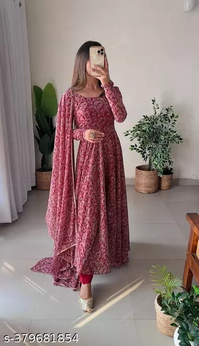 New Trendy Georgette With Digital Printed Gown And Dupatta Set For Women