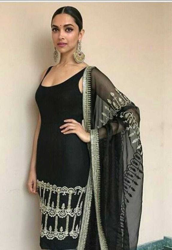 Black Faux Georgette Sequence Work Straight Suit