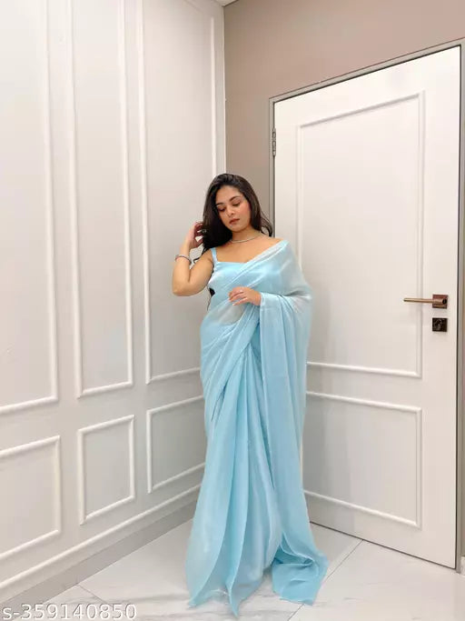 Baby Blue Plain Ready To Wear Silk Saree With Blouse